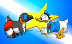  anatid anseriform anthro avian beak bird bottomless bottomwear bow_tie clothed clothing digital_media_(artwork) disney donald_duck duck duo enric enricthepenguin eye_contact feathers hat headgear headwear hi_res loincloth looking_at_another male penguin star tail tail_feathers 