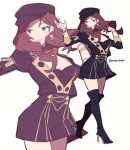  1girl black_footwear black_hat boots breasts brown_hair buttons cabbie_hat cleavage commentary_request do_m_kaeru dorothea_arnault earrings fire_emblem fire_emblem:_three_houses floating_hair full_body garreg_mach_monastery_uniform green_eyes hat high_heel_boots high_heels jewelry long_hair medium_breasts open_mouth signature simple_background smile solo twitter_username white_background 