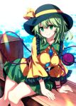  1girl black_hat bow breasts buttons diamond_button frilled_shirt_collar frilled_sleeves frills green_eyes green_hair green_skirt hair_between_eyes hat hat_bow highres komeiji_koishi large_breasts leaning_to_the_side long_sleeves looking_at_viewer medium_hair sazanami_mio shirt sitting skirt smile solo third_eye touhou wide_sleeves yellow_bow yellow_shirt 