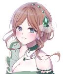  bang_dream! bang_dream!_it&#039;s_mygo!!!!! birthday bloom blue_eyes breasts brown_hair choker cleavage dress earrings gem green_choker green_dress green_gemstone hair_ornament highres jewelry looking_at_viewer nagasaki_soyo necklace pearl_necklace portrait ppora sidelocks simple_background smile white_background 