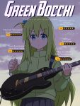  1boy alternate_color alternate_hair_color artist_name black_skirt blue_eyes bocchi_the_rock! closed_mouth commentary cover cube_hair_ornament english_commentary english_text fake_cover genderswap genderswap_(ftm) gotoh_hitori green_hair green_jacket guitar hair_ornament highres holding holding_instrument instrument jacket john_midori_gotoh_(the_freakin_yui) long_hair long_sleeves looking_at_viewer male_focus movie_poster otoko_no_ko skirt solo the_freakin_yui track_jacket very_long_hair 