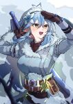  1girl aasu_(mhgbh510) absurdres ahoge alternate_costume arm_guards belt belt_pouch blue_coat blue_hair blush breasts brown_belt brown_gloves coat colored_tips commentary cowboy_shot double-parted_bangs ear_blush flower fur-trimmed_coat fur_hat fur_trim gloves hair_between_eyes hair_flower hair_ornament hat highres holding holding_weapon hololive light_blue_hair long_hair looking_afar medium_breasts multicolored_hair open_mouth over_shoulder pointy_ears pouch smile solo standing symbol-only_commentary two-tone_hair virtual_youtuber weapon weapon_over_shoulder white_hat winter_clothes winter_coat yellow_eyes yukihana_lamy 