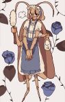  1girl absurdres antennae apron arthropod_girl blue_apron blue_flower commentary english_commentary floral_background flower full_body headhonchkrow highres holding_kettle looking_at_viewer maid_headdress moth_girl multiple_hands original own_hands_together solo standing 