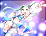  1girl blue_footwear clenched_hand green_eyes green_hair kous_(onetwojustice) lisia_(pokemon) looking_at_viewer mega_stone midriff navel open_mouth pokemon pokemon_oras single_thighhigh solo thighhighs 