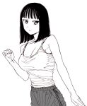  1girl bad_id bad_pixiv_id black_hair breasts cleavage closed_mouth collarbone dende_(dndn222) greyscale highres large_breasts looking_at_viewer medium_hair mole mole_on_breast monochrome original pants scan scan_artifacts shirt solo standing tank_top track_pants traditional_media 