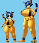  absurd_res animal_crossing ankha_(animal_crossing) anthro big_breasts black_claws black_clothing black_eyes black_swimwear blue_background blue_body blue_fur blue_hair breasts choker claws clothing domestic_cat duo egyptian_headdress eyelashes felid feline felis female fur hair hand_on_hip hi_res huge_breasts jewelry looking_at_viewer mammal markings navel necklace nintendo nyarlarsche short_hair short_stack simple_background size_difference slightly_chubby striped_markings striped_tail stripes swimwear tail tail_markings thick_thighs wide_hips yellow_body yellow_fur 
