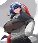  1girl ? black_capelet black_gloves blue_eyes blue_hair blush breasts capelet commentary_request cowboy_shot doremy_sweet from_below fur_trim gloves grey_background half-closed_eyes hand_up hat highres huge_breasts ise_corridor large_areolae long_sleeves looking_at_viewer nightcap nipple_slip nipples puffy_long_sleeves puffy_sleeves ribbed_sweater see-through simple_background smug solo sparkle spoken_question_mark sweat sweater tail tapir_tail touhou 