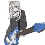  1girl black_shirt blush closed_mouth commentary_request electric_guitar ggzi152437 girls_band_cry grey_hair guitar holding holding_guitar holding_instrument instrument kawaragi_momoka long_sleeves plant_roots playing_guitar shirt simple_background smile solo sweatdrop upper_body white_background 