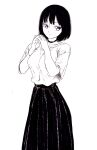  1girl bad_id bad_pixiv_id black_choker black_hair black_skirt breasts choker closed_mouth collarbone dende_(dndn222) greyscale highres large_breasts light_smile long_skirt looking_at_viewer monochrome original own_hands_together scan scan_artifacts shirt short_hair skirt solo standing traditional_media white_shirt 
