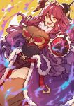  1girl :d black_gloves breasts cleavage dragalia_lost dragon_horns english_commentary fang frostfiresoul fur_trim gloves hair_between_eyes highres horns large_breasts long_bangs long_hair looking_at_viewer mym_(dragalia_lost) open_mouth orange_eyes red_hair skin_fang smile solo thighhighs very_long_hair 