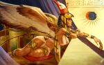  1girl armlet artist_name breasts brown_wings cleavage cushion dated egyptian_clothes egyptian_mythology feathered_wings highres horus_(mythology) jewelry large_breasts navel red_nails ring signature solo themaestronoob two-tone_wings white_wings wings 