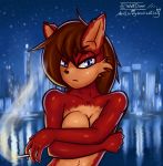  2019 anthro black_nose blue_eyes breasts brown_hair canid canine cigarette covering covering_breasts detailed_background digital_media_(artwork) eyelashes female fiona_fox fox fur hair half-closed_eyes hi_res looking_at_viewer mammal nude red_fur solo sonic_(series) tan_fur wizardlywalrusking 