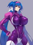  1girl blue_eyes blue_hair bodysuit breasts covered_navel covered_nipples hand_on_own_hip headband klan_klein large_breasts long_hair macross macross_frontier multicolored_bodysuit multicolored_clothes negresco pointy_ears purple_bodysuit smile solo twintails upper_body very_long_hair zentradi 