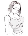  1girl bad_id bad_pixiv_id breasts closed_mouth collarbone dende_(dndn222) forehead greyscale half-closed_eyes highres large_breasts midriff monochrome original scan scan_artifacts shirt short_hair solo standing tank_top traditional_media upper_body 