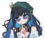  aztec beret blue-tinted_eyewear blush colored_inner_hair fate/grand_order fate_(series) frill_inferno green_hat grey_eyes hat jewelry looking_over_eyewear multicolored_hair neck_ring o-ring purple-tinted_eyewear smile sunglasses tenochtitlan_(fate) tenochtitlan_(second_ascension)_(fate) tinted_eyewear wavy_hair white_background zipper 