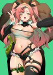  1girl absurdres bangboo_(zenless_zone_zero) bare_shoulders black_ribbon black_shorts blush breasts cleavage clothed_female_nude_male crop_top green_eyes hair_ornament hair_ribbon hairclip highres kunkun_pa large_breasts long_hair looking_at_viewer midriff mole navel nicole_demara nipples nude open_mouth pink_hair pussy_juice pussy_juice_drip_through_clothes ribbon see-through see-through_shirt selfie sex_toy shorts skindentation smile strapless thick_eyebrows thick_thighs thighs tube_top two_side_up v vibrator vibrator_under_clothes wide_hips zenless_zone_zero 
