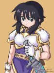 1girl absurdres armor baconsketches black_hair blush breastplate earrings fire_emblem fire_emblem:_genealogy_of_the_holy_war gloves highres holding holding_sword holding_weapon jewelry larcei_(fire_emblem) looking_at_viewer purple_tunic sheath sheathed short_hair shoulder_armor sidelocks simple_background solo sword tunic weapon 
