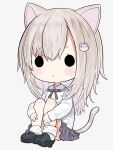  1girl :&lt; animal_ears black_footwear blush_stickers bow brown_hair capriccio cat_ears cat_girl cat_hair_ornament cat_tail chibi closed_mouth collared_shirt commentary_request full_body grey_background grey_bow grey_skirt hair_between_eyes hair_ornament knees_up original pleated_skirt shirt shoes short_eyebrows simple_background sitting skirt socks solid_oval_eyes solo tail white_shirt white_socks 