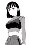  1girl bad_id bad_pixiv_id black_hair breasts closed_mouth crop_top dende_(dndn222) greyscale hair_behind_ear highres large_breasts long_sleeves looking_at_viewer monochrome navel original scan scan_artifacts see-through shirt short_hair solo standing stomach traditional_media 