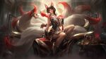  1girl absurdres ahri_(league_of_legends) animal_ears black_hair crown english_commentary eyeshadow facial_mark fingernails flower fog foot_out_of_frame fox_ears fox_tail hair_between_eyes hand_on_own_chest highres indoors league_of_legends light light_particles lipstick long_hair looking_to_the_side makeup medal multiple_tails nail_polish official_alternate_costume official_alternate_hairstyle official_art red_eyes red_flower red_lips red_nails red_rose risen_legend_ahri rose sharp_fingernails sidelocks sitting sitting_on_throne smile solo table tail throne vase whisker_markings 