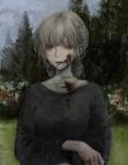  1girl bleeding blood blood_on_clothes blood_on_face blood_on_hands braid brown_eyes closed_mouth grey_hair hands_up highres injury jiz_(pffbq) long_sleeves looking_at_viewer medium_hair nun original outdoors pine_tree solo traditional_nun tree upper_body 