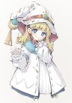  1girl blonde_hair blue_eyes blush bright_pupils child closed_mouth diabellze_the_original_sinkeeper duel_monster frilled_cuffs hand_up hat head_tilt medium_hair mini_hat mini_witch_hat nakazawa_aki red_ribbon ribbon risette_of_the_white_woods smile solo tongue tongue_out upper_body white_pupils witch_hat yu-gi-oh! 