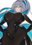  1girl absurdres aqua_eyes aqua_hair black_ark_ranger_(nikke) black_bodysuit black_leotard bodysuit breasts cleavage closed_mouth covered_navel cowboy_shot elbow_gloves english_commentary from_below gloves goddess_of_victory:_nikke hair_between_eyes hair_intakes hands_on_own_hips highres large_breasts leotard long_hair looking_at_viewer moredread see-through see-through_cleavage sidelocks simple_background skin_tight solo standing very_long_hair white_background white_hair 