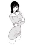  1girl bad_id bad_pixiv_id black_hair breasts closed_mouth collarbone dende_(dndn222) dress greyscale highres jewelry large_breasts looking_at_viewer medium_hair monochrome necklace original scan scan_artifacts shirt solo standing thighs tight_clothes tight_dress traditional_media 