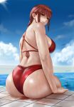  1girl absurdres alternate_costume ass bare_back bare_shoulders bikini blue_sky breasts chainsaw_man cloud cloudy_sky commentary_request easonx from_behind hat highres large_breasts makima_(chainsaw_man) medium_hair nape outdoors pool poolside red_bikini red_hair sky solo sun_hat swimsuit water wet 