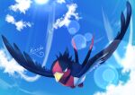  absurdres animal_focus bird cloud commentary_request day flying full_body highres kaichi_(tomiyu25) no_humans outdoors pokemon pokemon_(creature) signature sky solo swellow 