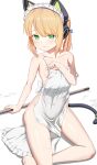  1girl animal_ear_headphones animal_ears apron bare_shoulders blonde_hair blue_archive blush breasts cat_ear_headphones fake_animal_ears green_eyes headphones highres looking_at_viewer maid_headdress mailixiang midori_(blue_archive) midori_(maid)_(blue_archive) naked_apron short_hair small_breasts solo thighs 