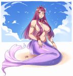  1girl absurdres armlet blue_choker blue_sky blush breasts choker cloud day deliciousbrain english_commentary fire_emblem fire_emblem_engage hair_censor highres ivy_(fire_emblem) large_breasts looking_at_viewer mermaid mole mole_under_mouth monster_girl navel parted_lips pink_lips purple_eyes purple_hair sitting sky solo stomach topless 