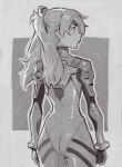  ass bodysuit commentary effy_neprin english_commentary freckles from_behind greyscale highres interface_headset long_hair looking_to_the_side monochrome neon_genesis_evangelion pilot_suit plugsuit profile souryuu_asuka_langley standing 