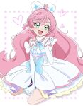  1girl akizora_(aki_precure) ascot bow braided_sidelock brooch cure_prism cut_bangs dress dress_bow earrings elbow_gloves glove_bow gloves gradient_background green_eyes hair_bow highres hirogaru_sky!_precure jewelry long_hair looking_at_viewer magical_girl medium_dress open_mouth pink_background pink_hair precure sitting solo wariza white_ascot white_bow white_dress white_gloves wing_brooch wing_hair_ornament 