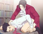  2boys ace_attorney anal ascot blush bottomless closed_eyes collared_shirt highres kune_akiro male_focus miles_edgeworth multiple_boys one_eye_closed parted_bangs phoenix_wright prone_bone sex shirt socks suit sweat thick_eyebrows three_quarter_view yaoi 
