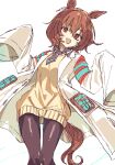  1girl agnes_tachyon_(umamusume) animal_ears black_pantyhose brown_hair coat gorirago hair_between_eyes highres horse_ears horse_girl horse_tail lab_coat long_sleeves looking_at_viewer open_clothes open_mouth pantyhose red_eyes short_hair simple_background sleeves_past_fingers sleeves_past_wrists solo sweater sweater_vest tail umamusume white_background wide_sleeves yellow_sweater 