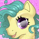 2024 bokeh cutepencilcase equid equine eyelashes fan_character female feral fineline_(cutepencilcase) fur glistening glistening_eyes green_hair hair hasbro hi_res horse icon mammal mlp_g3 my_little_pony open_mouth open_smile pink_background pony purple_eyes simple_background smile solo sparkles sparkling_hair style_emulation yellow_body yellow_fur