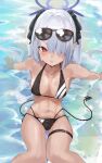  1girl absurdres bikini black_bikini black_tail blue_archive blush breasts chankuro collarbone dark-skinned_female dark_skin demon_tail eyewear_on_head feet_out_of_frame grey_hair hair_over_one_eye halo highres iori_(blue_archive) iori_(swimsuit)_(blue_archive) long_hair navel official_alternate_costume open_mouth pointy_ears purple_halo red_eyes sitting small_breasts solo sunglasses swimsuit tail thigh_strap twintails water 