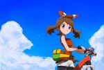  1girl baeming bicycle blue_sky bow brown_hair closed_mouth cloud fanny_pack hair_bow highres looking_at_viewer may_(pokemon) pokemon pokemon_oras red_bow red_shirt shirt shorts sky sleeveless sleeveless_shirt smile solo 