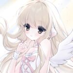  1girl angel_wings blonde_hair bow brown_eyes chii chobits choker cross-laced_clothes cross-laced_top floating_hair frilled_choker frills highres lian9607280022 light_blush light_smile long_bangs long_hair looking_at_viewer pale_skin pink_bow robot_ears simple_background sleeveless solo three-toned_background white_wings white_wrist_cuffs wings wrist_cuffs 