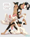  4:5 anal anthro anthro_on_anthro balls black_body black_hair black_nose brown_body buddy_thunderstruck_(character) buddy_thunderstruck_(series) butt_sniffing canid canine canis darnell_(buddy_thunderstruck) dialogue duo english_text erection genitals hair happy happy_sex hi_res holding_both_legs humanoid_genitalia humanoid_penis male male/male mammal nude onomatopoeia oral paws penis rimming rimming_male saggy_balls sex slim slim_anthro slim_male smile sniffing sound_effects speech_bubble switchbit text thick_thighs tongue tongue_out white_body 