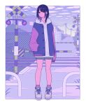  1girl absurdres building cloud commentary earrings expressionless full_body gradient_sky grass hand_in_pocket highres jewelry looking_at_viewer original outdoors outline purple_socks purple_theme road shi_oo shoes shorts sky sleeves_past_wrists socks solo street white_outline 