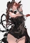  1girl animal_ears black_dress braid breasts cat_ears cat_girl cat_tail cleavage cowboy_shot dress grey_background highres kaenbyou_rin large_breasts long_hair looking_at_viewer multiple_tails open_mouth po_(anhk5528) red_eyes side_braids simple_background sketch solo tail touhou twin_braids two_tails 