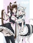  2girls :d :o animal_ear_fluff animal_ears apron bandaid bandaid_on_arm bell black_choker black_thighhighs blue_bow blue_eyes bow breasts brown_eyes brown_hair cat_ears cat_girl cat_tail chain chain_leash chocola_(nekopara) choker choppy_bangs claralukika cleavage cleavage_cutout clothing_cutout ear_piercing frilled_choker frills hair_ornament highres holding holding_another&#039;s_head holding_chain holding_own_hair jingle_bell leash light_blush long_hair looking_at_viewer low_twintails maid maid_apron maid_headdress medium_bangs medium_breasts mouth_piercing multiple_girls nail_polish neck_bell nekopara open_mouth pale_skin paw_print paw_print_pattern piercing pink_bow puffy_short_sleeves puffy_sleeves red_nails short_sleeves simple_background small_breasts smile tail thigh_strap thighhighs three-toned_background tongue_piercing twintails vanilla_(nekopara) very_long_hair white_bow white_hair white_thighhighs white_wrist_cuffs wrist_cuffs 