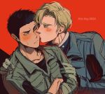  2024 2boys ao_isami black_hair blonde_hair blue_jumpsuit blush closed_eyes couple crazy_kinoko crossed_arms facial_hair green_jumpsuit hand_on_another&#039;s_arm hand_on_another&#039;s_shoulder highres jumpsuit kiss kiss_day kissing_cheek lewis_smith male_focus multiple_boys red_background short_hair sideburns_stubble simple_background sketch stubble sweatdrop upper_body yaoi yuuki_bakuhatsu_bang_bravern 