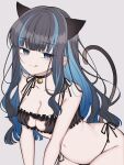  1girl animal_ears black_hair blue_hair breasts cat_cutout cat_ears cat_lingerie cleavage clothing_cutout colored_inner_hair fate/grand_order fate_(series) grey_eyes highres long_hair looking_at_viewer mati5572 meme_attire multicolored_hair navel smile solo tenochtitlan_(fate) tongue tongue_out two-tone_hair wavy_hair white_background 