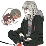  3girls black_jacket black_pants blue_eyes blush_stickers brown_hair commentary_request controller crossed_legs dark-skinned_female dark_skin earrings game_controller ggzi152437 girls_band_cry grey_hair grey_hoodie holding holding_controller holding_game_controller hood hoodie iseri_nina jacket jewelry kawaragi_momoka multicolored_hair multiple_girls pants roots_(hair) rupa_(girls_band_cry) short_twintails simple_background sitting twintails white_background 