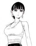  1girl bad_id bad_pixiv_id bare_shoulders black_hair breasts cleavage collarbone dende_(dndn222) earrings greyscale hair_behind_ear highres hoop_earrings jewelry large_breasts looking_at_viewer midriff monochrome open_mouth original pants scan scan_artifacts shirt short_hair solo standing tank_top track_pants traditional_media 