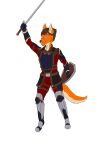  absurd_res alpha_channel anthro armor armored_boots armored_gloves canid canine clothing female fox fur hi_res knight longsword mammal melee_weapon orange_body orange_fur red_clothing shield sky-rouge solo sword tail warrior weapon 