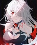  1girl acheron_(honkai:_star_rail) armor bare_shoulders black_choker black_shirt blood blood_from_eyes body_markings breasts bright_pupils choker cleavage commentary criss-cross_halter crop_top diamond-shaped_pupils diamond_(shape) flower hair_ornament hair_over_one_eye halterneck highres honkai:_star_rail honkai_(series) large_breasts looking_at_viewer official_alternate_color parted_lips poi_po12 rain raining_blood red_eyes red_flower shade shirt shoulder_armor solo symbol-shaped_pupils upper_body white_hair white_pupils 